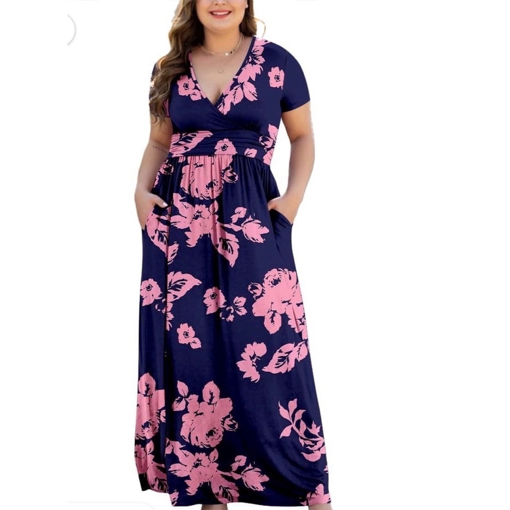 Hao Mei Li Womens XL Floral Maxi Dress Navy Pink Rose V-Neck Long Sleeve Jersey